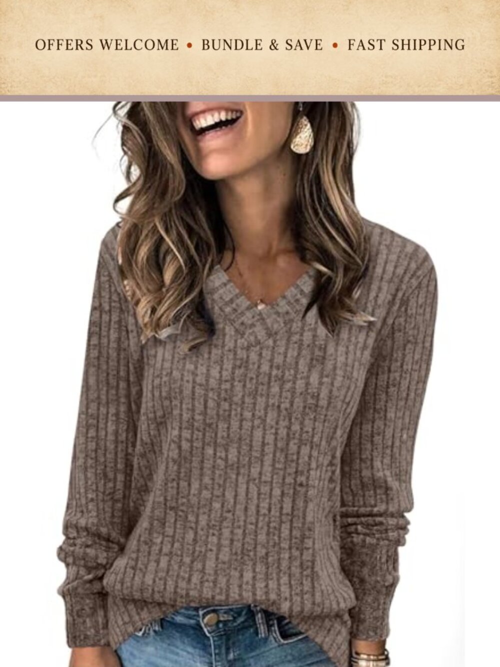 V Neck Long Sleeve Tunic Sweater Lightweight Casual Fall Top